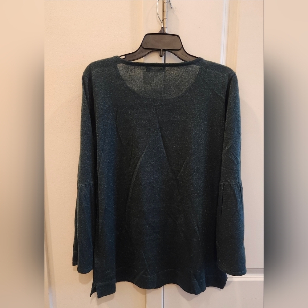 Calvin Klein Shimmer Knit Top Large Scoop Neck Long Sleeve Blouse- Hunter Green - Picture 2 of 3